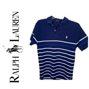 POLO by RALPH LAUREN Striped Cotton Pique Polo Shirt Blue & White Stripe Sz S